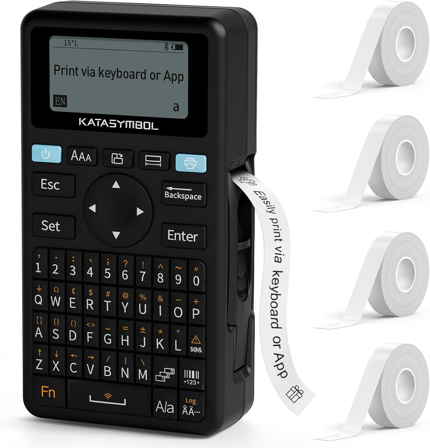 SUPVAN E11 Bluetooth Label Maker with its QWERTY keyboard and display, showing a label being printed.
