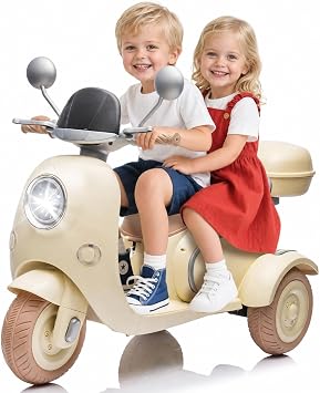 2025 Upgrade 2 Seats Kids Motorcycle with 2 Motors, 12V Ride On Electric Car, 3 Wheels Motorbike with USB, Bluetooth, Light, Storage Box, 2 * 30W Motorcycle for Kids Aged 3+, Beige