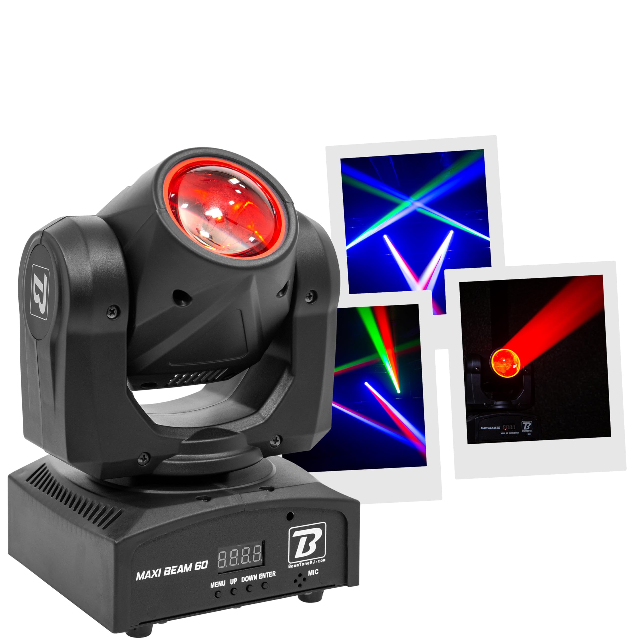 BoomToneDJ Maxi Beam 60 – Lyre Beam LED 60 W RGBW avec faisceau 2°, stroboscope, dimmer, DMX 12/14 canaux, modes auto et audio, effets rapides PAN/TILT, idéale DJ, clubs et événements live