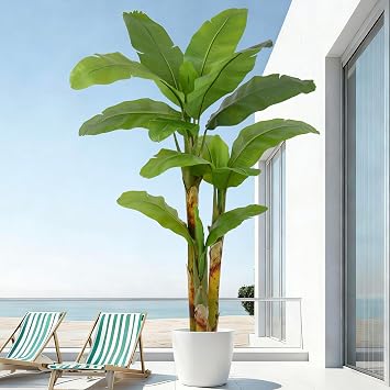 Artificial Banana Tree 7FT with 16 Leaves & 3 Trunks Lifelike Tall Large Fake Faux Thick Green Leaf Tropical Plant 84 Inch Black Pot for Indoor Home Office Poolside Porch Store Corner Decor