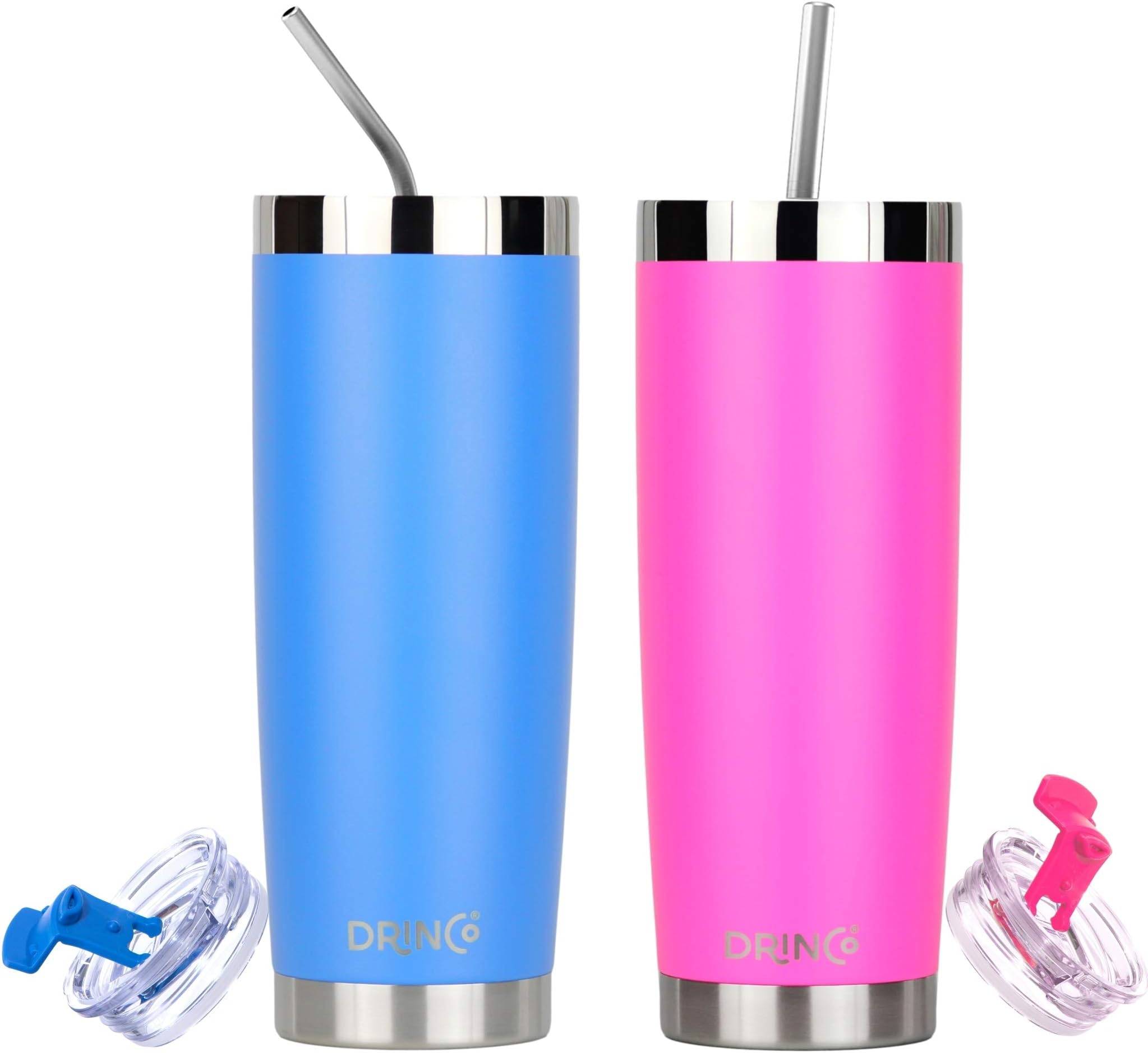 Drinco20 oz Stainless Steel Tumbler | Double Walled Vacuum Insulated Mug With Lid, 2 Straws, For Hot & Cold Drinks (2PK, 2pk 20oz Pink & Blue)