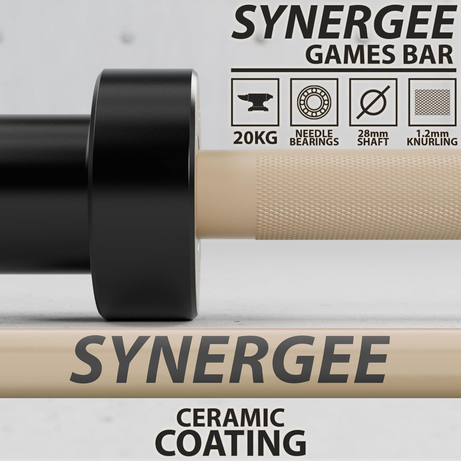Synergee Games 15kg and 20kg Colored Ceramic Coated Barbells. Rated 1500lbs for Weightlifting and Powerlifting. Black, Red, Grey, Pink