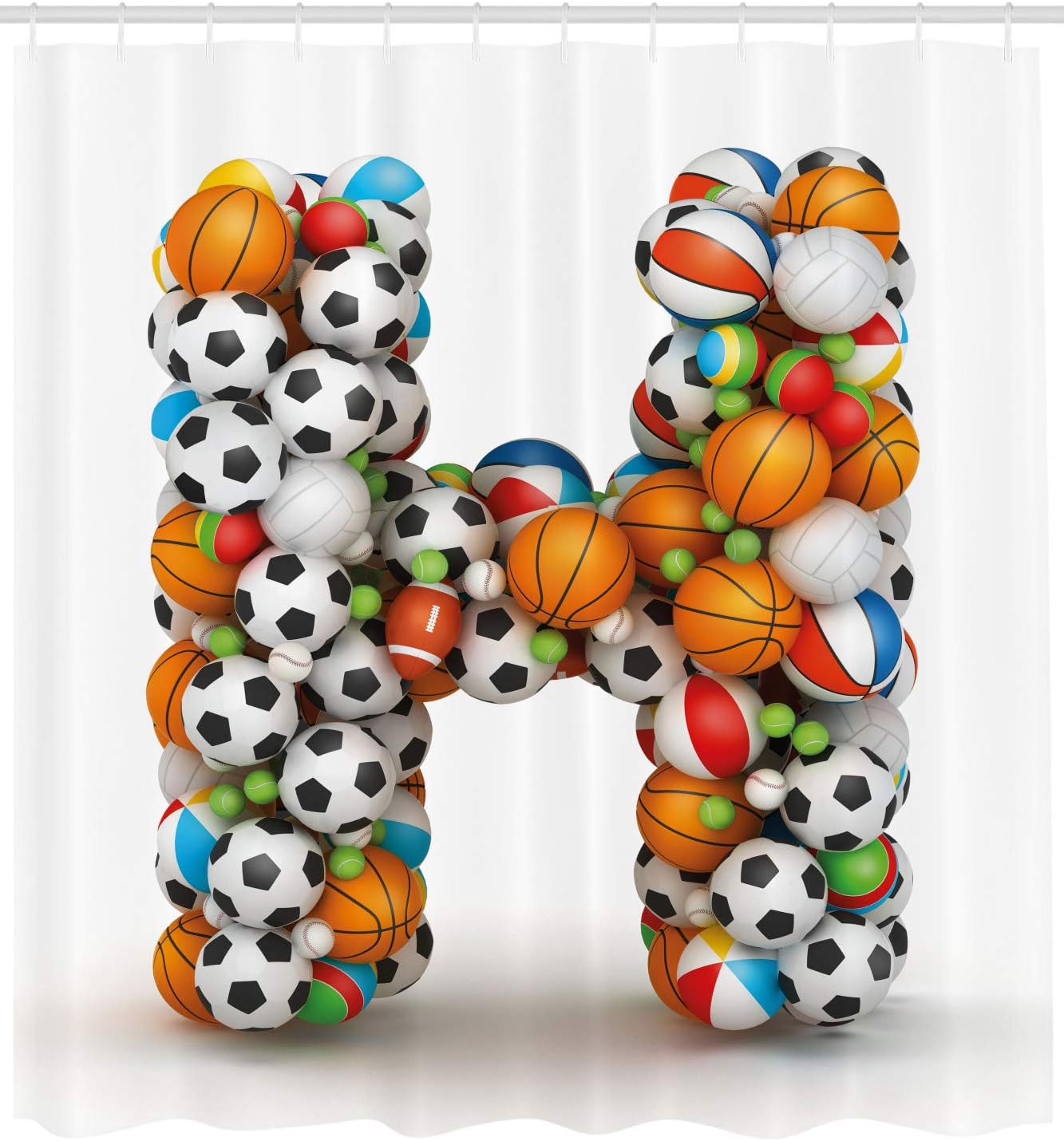 Ambesonne Letter H Shower Curtain, Letter H Stacked from Gaming Balls Alphabet of Sports Theme Competition Activity, Fabric Bathroom Decor Set with Hooks, 69" W x 75" L, Multicolor