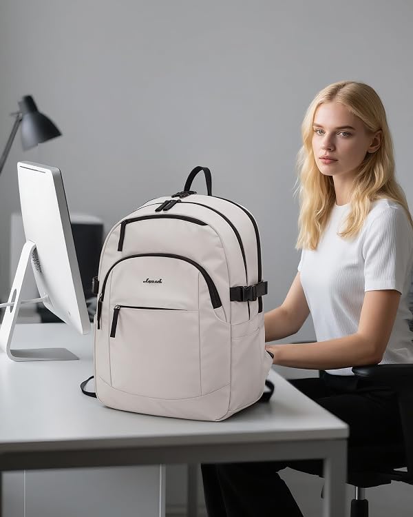 LOVEVOOK 5-Layer 15.6 Inch Laptop Backpack for Women, Work Business Computer Bag, College School Daypack, Travel Personal Item & Casual Purse, Light Beige by LOVEVOOK - Used condition - Image 6