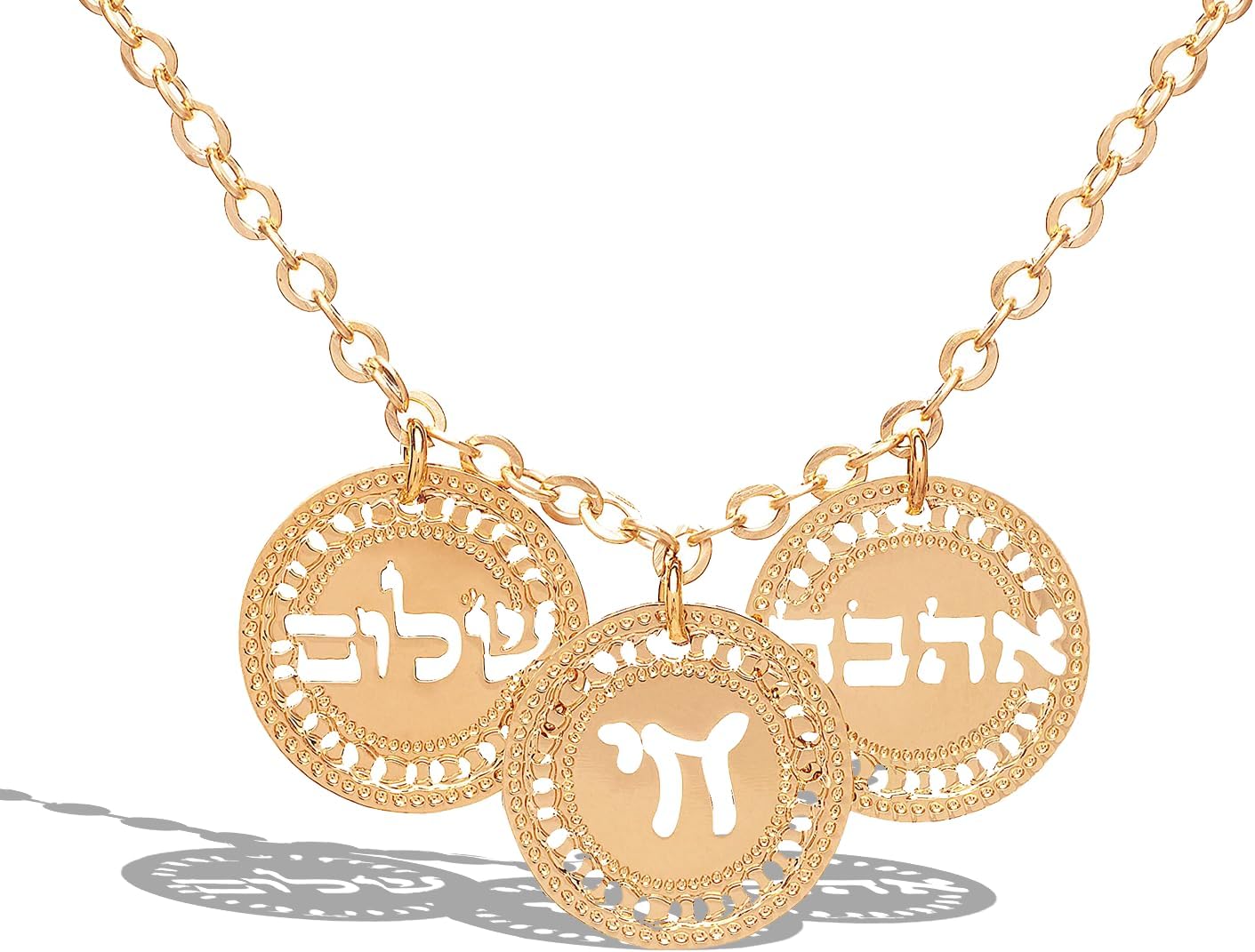 Gold Hebrew Necklace for Women – Chai, Ahava, Shalom Coin Charms – 18” Jewish Necklace – Love, Peace & Life, Handmade in Israel
