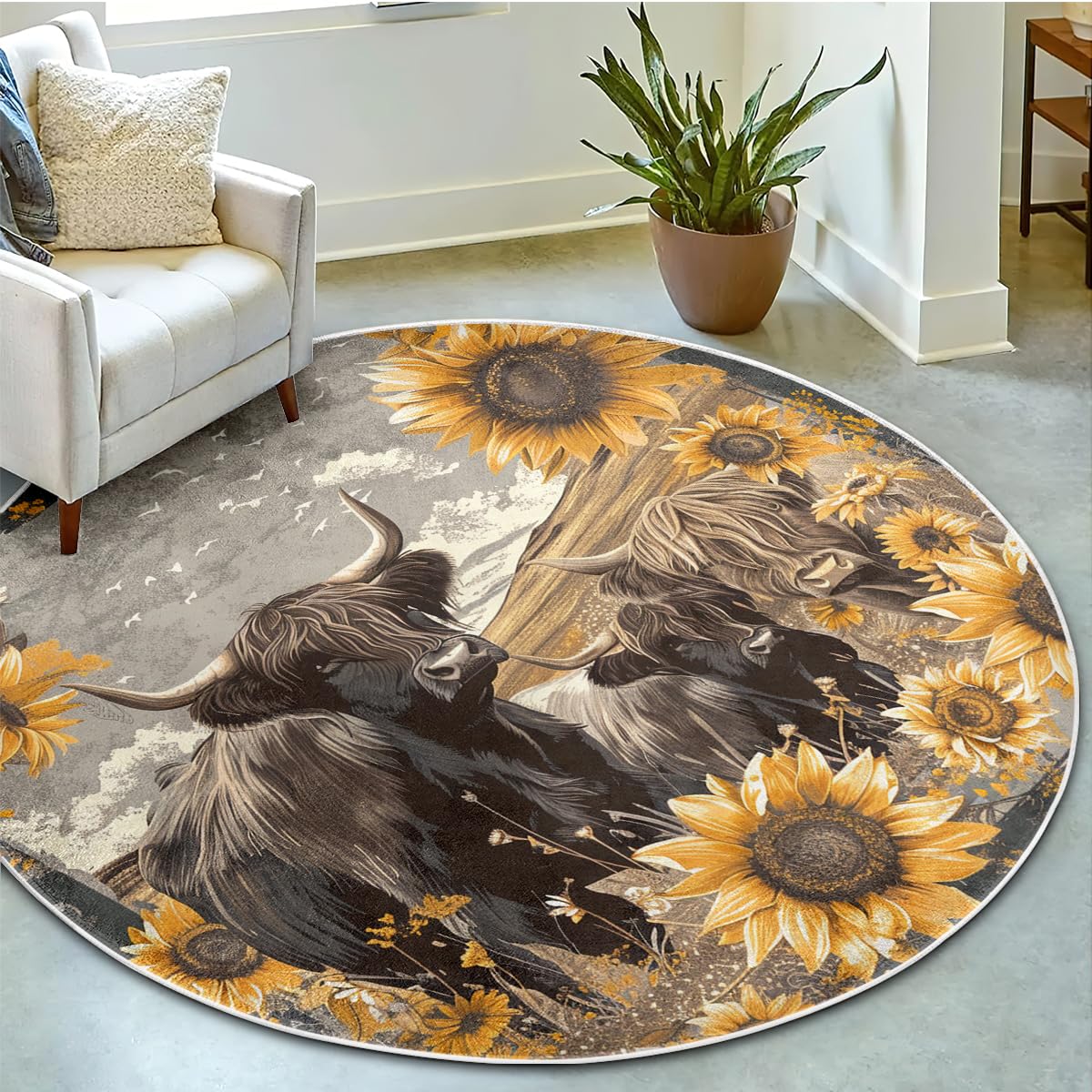 CCoutueChen Highland Cow Round Rug - 6X6 Yellow Sunflower Entryway Rugs Indoor Kitchen Circle Rugs Washable Front Door Mat, Farm Cattle Tie Dye Non