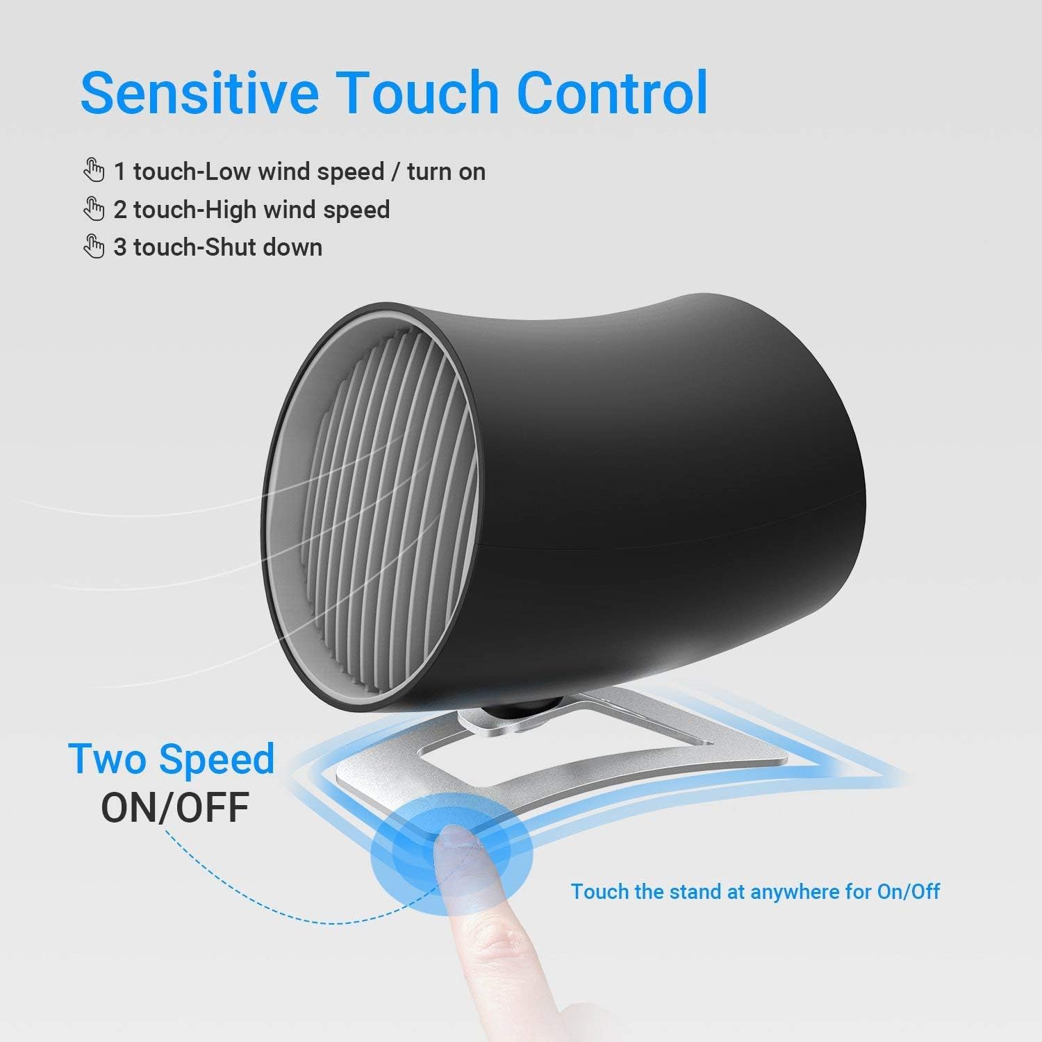 Small Fan Personal USB Portable Mini Table Desk with Double-Blades Touch Control Adjustable Whisper Cooling Desktop Personal Two Speed for Home Office – Black