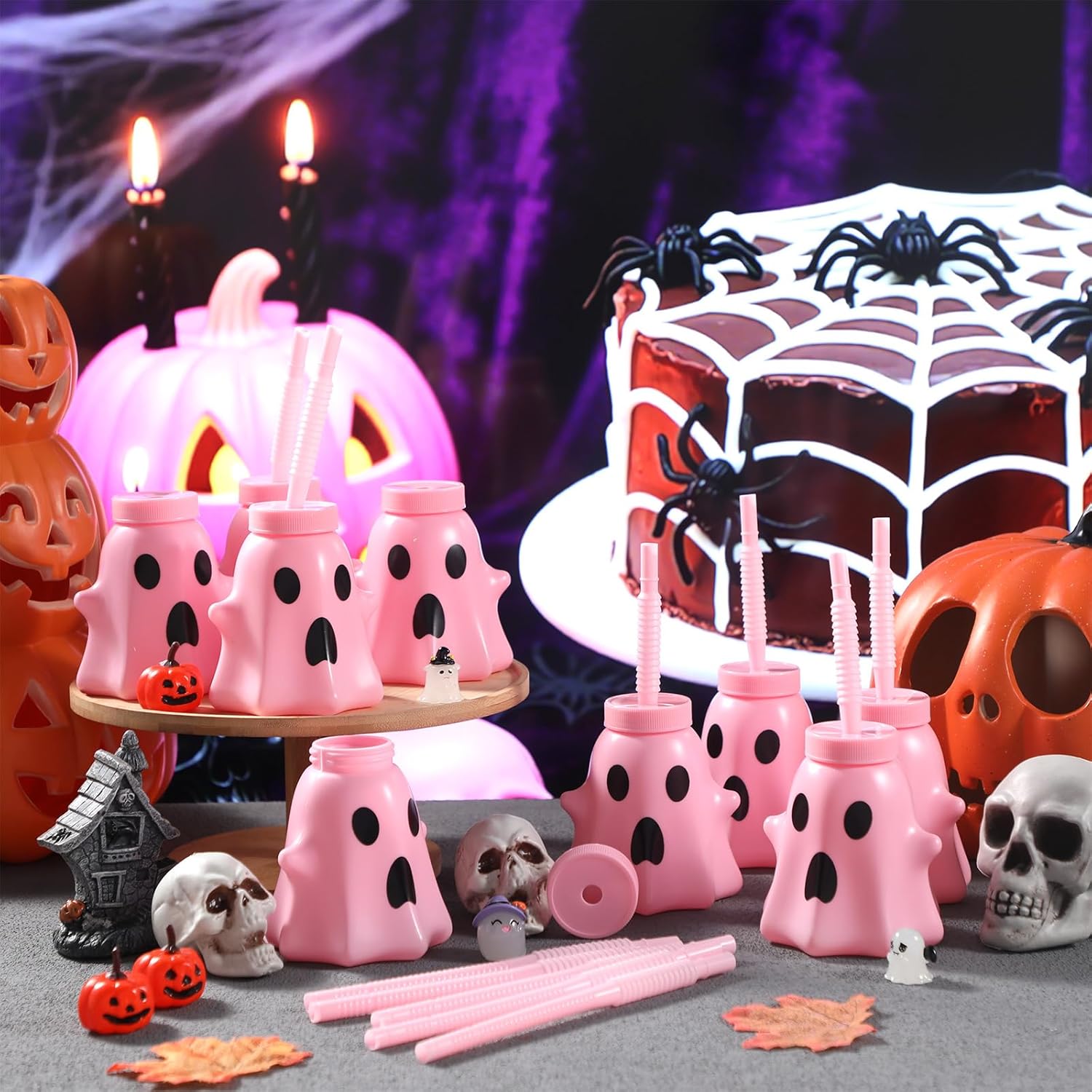 Umigy 12 Pcs Halloween Party Cups for Kids 10 Oz Ghost Shaped Plastic Cups with Lids and Straws Reusable Halloween Decorations for Gifts Party Favors Supplies - Image 2