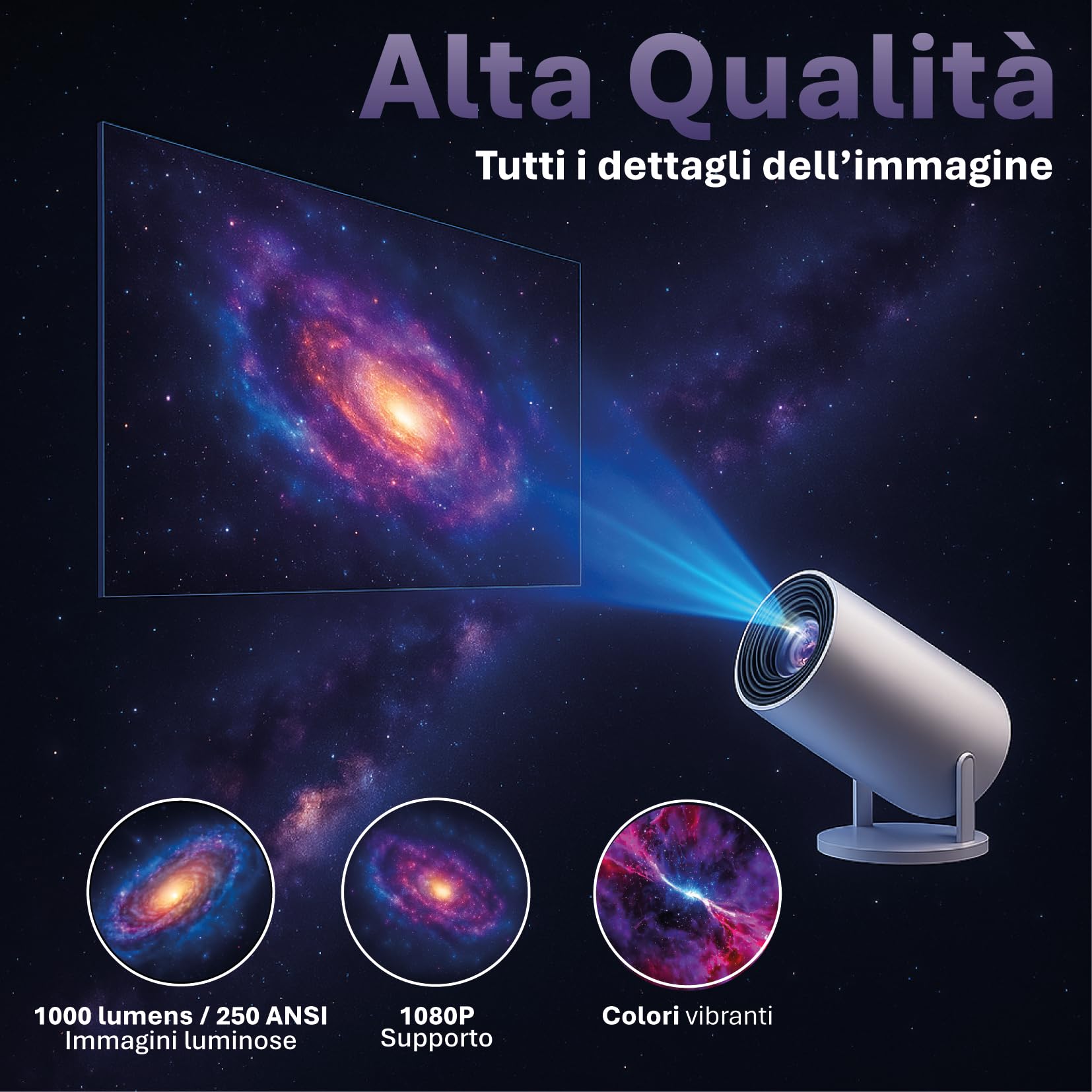 Proiettore Portatile 4K Supporto con Giochi Retro e Controller Wireless – Proiettore Esterno Casa con Wifi 6, BT 5.0, 1080P, Rotazione 180°, 1000 Lumen, Altoparlante Integrato e controller wireless