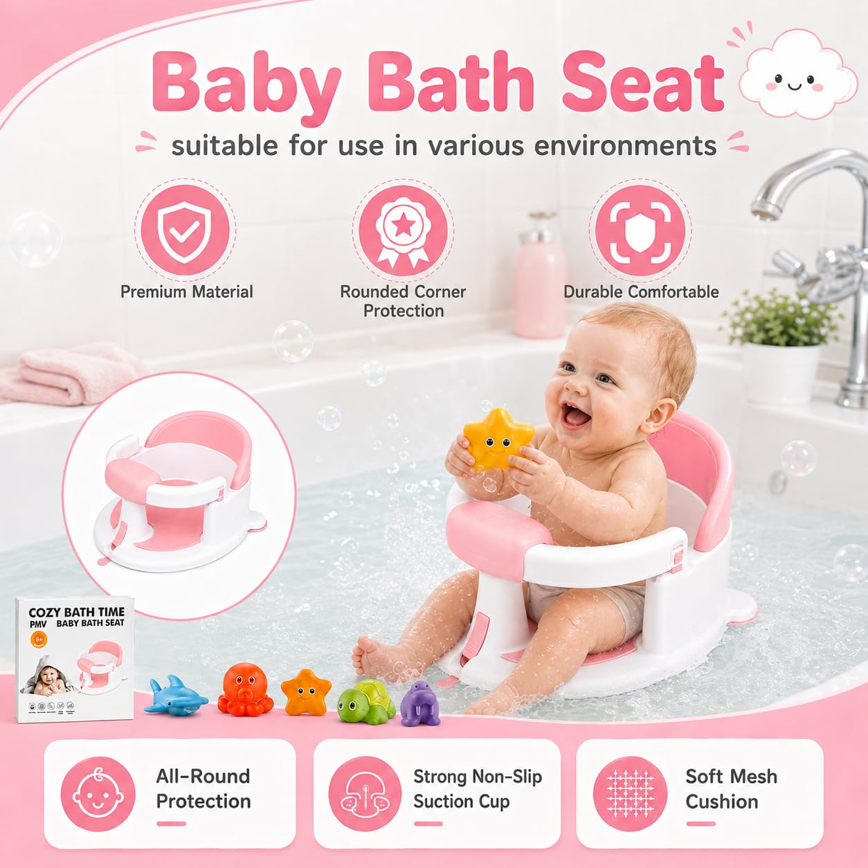 Baby Bath Seat with 4 Suction Cups, 6+ Months, Non-Slip Bath Seat for Babies Sitting Up, Ergonomic Backrest, Open Design, Lightweight, Easy to Clean, Portable