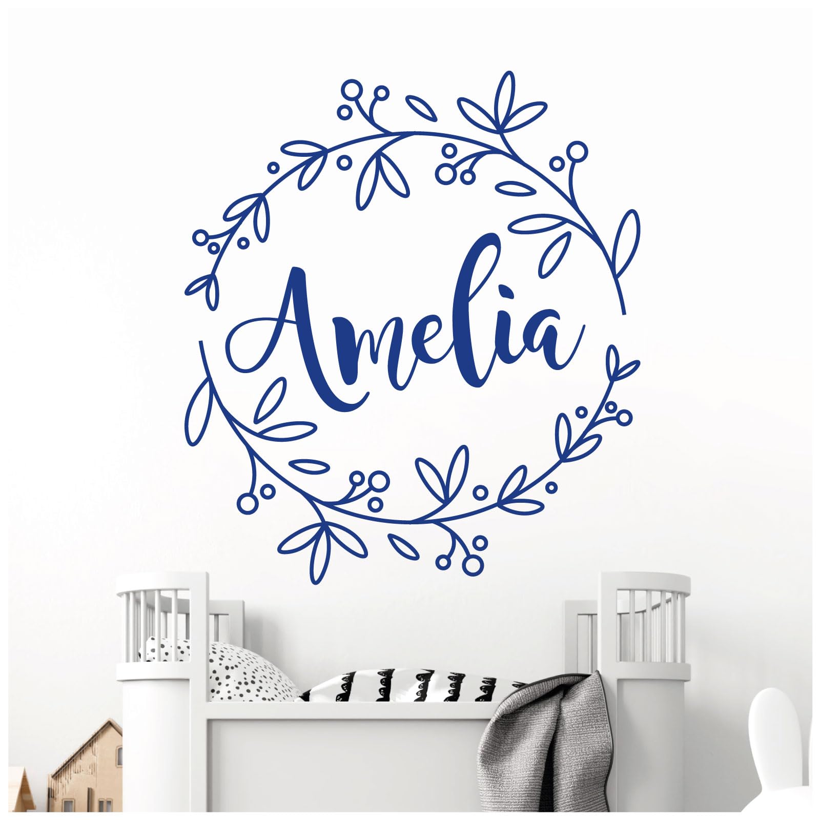 Personalised Name - Floral Wreath - Nursery Vinyl Wall Decal Sticker [Medium] [Mid Blue]