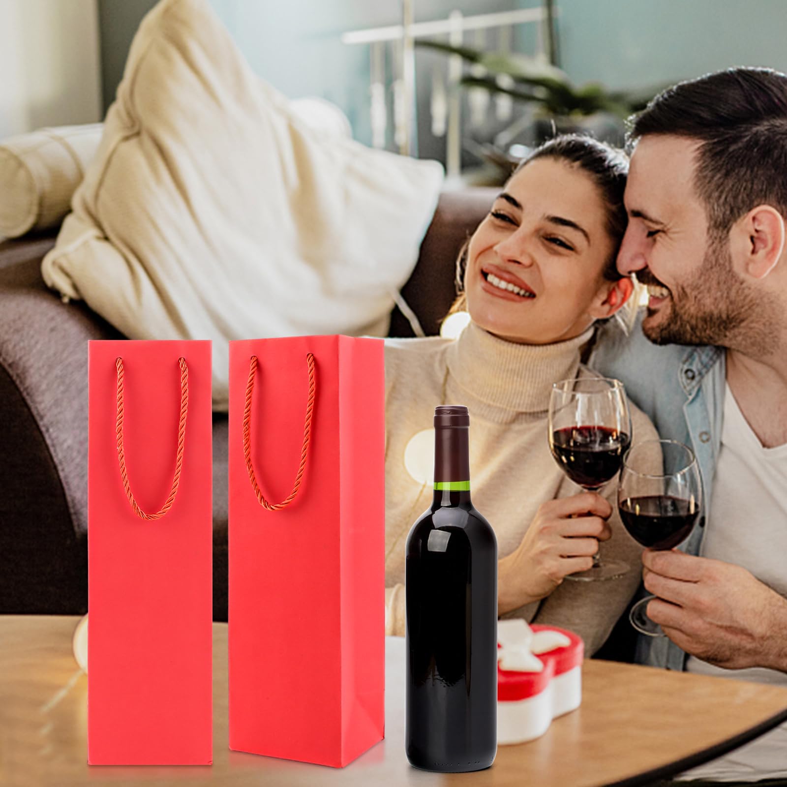 DAJAVE 30 Sacchetti regalo per vino in carta kraft, Shopper porta bottiglia vino Buste con manici, sacchetti per vino in carta kraft per Natale, matrimoni, feste (Rosso)