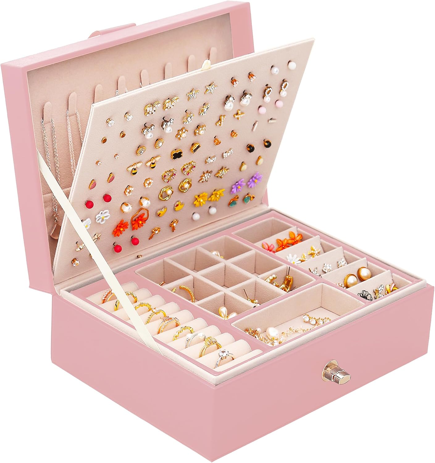 QBestry Girls Jewelry Box Earring Holder Organizer for Girls Earring Organizer Teen Jewelry Box Organizer for Girl Pink jewelry Boxes for Earrings Necklaces Rings Stud Earrings Box Organizers Teens
