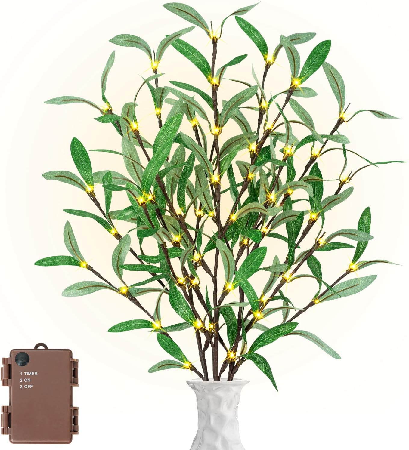 Lighted Olive Branches - 30 Inch Light Up Olive Stems with 60 LED Lights, 120 Leaves, Timer Battery Operated Lighted Branches for Vases, Prelit Artificial Greenery for Home Spring Decoration