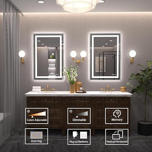 Miniatura 2 de ANTEN Espejo de baño de 40 x 32 pulgadas con luces, frontal y retroiluminado, espejo de baño con luz antiniebla, 3000-6000 K, espejo de tocador LED