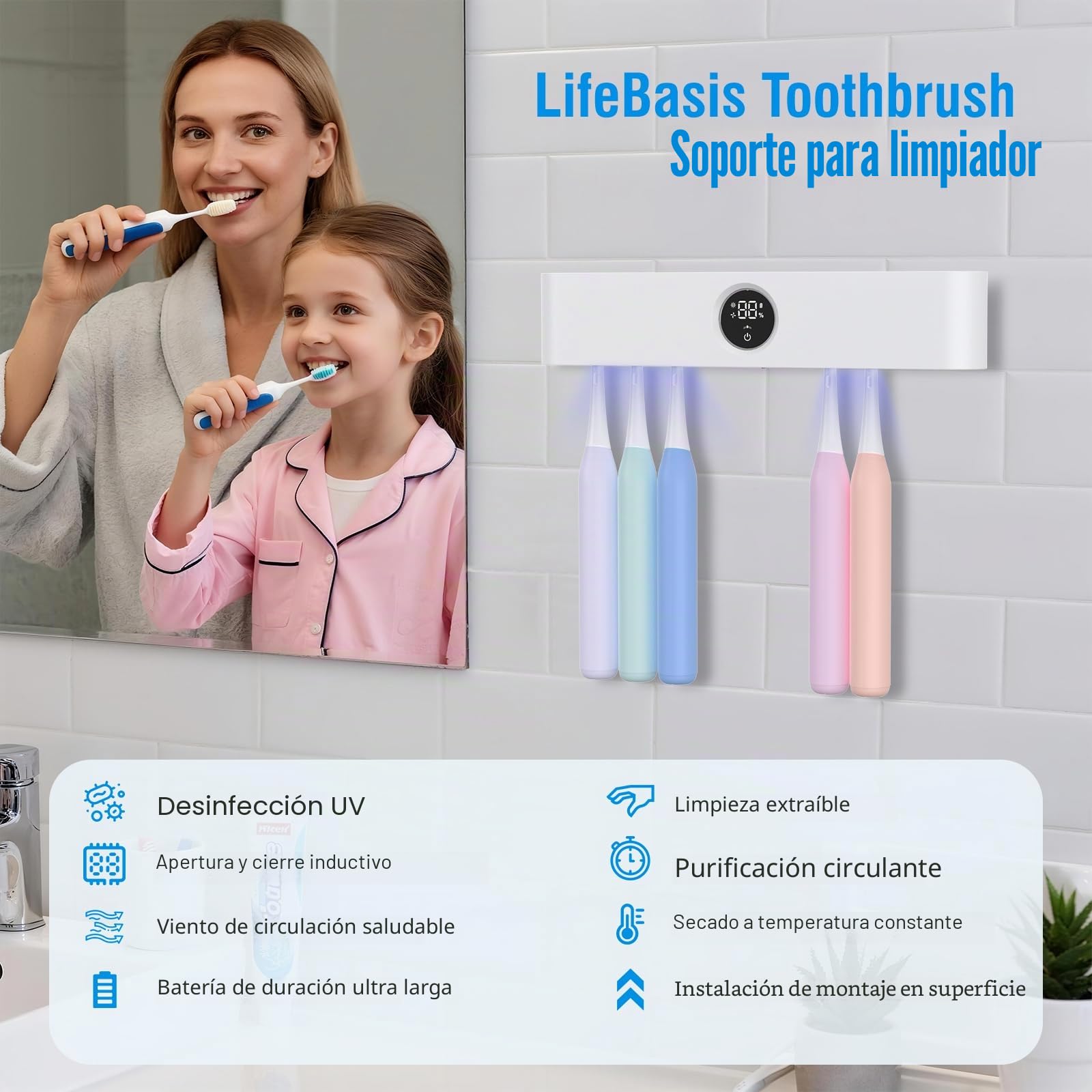 LifeBasis UV-Sanitizer de Cepillos de Dientes con Pantalla LED, Sensor de Infrarrojos, Soporte para Cepillo de Dientes para Desinfección UV y Secado, Cepillo de Dientes Eléctrico de Pared, Recargable
