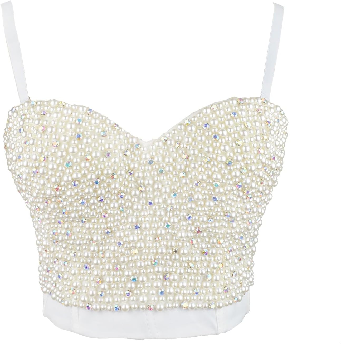 ELLACCI Sexy Pearls Beaded Rhinestone Bustier Crop Top Push up Corset Top with Detachable Straps - Image 7