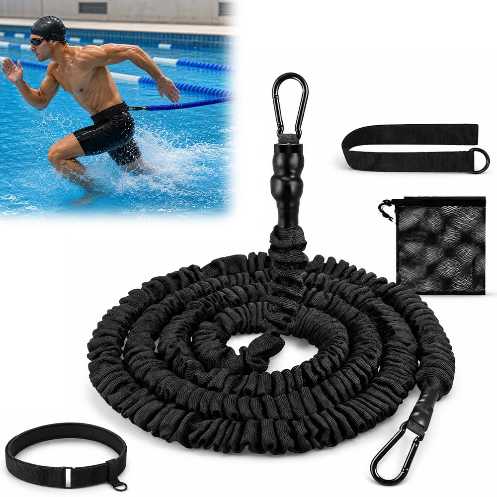 Schwimmgurt Pool, Einstellbare Schwimmgurt Pool Erwachsene, Schwimmtrainer mit 2,5-7,5 M Elastischen Gummibändern, Schwimmtrainer Gürtel für Pooltrainer, Erwachsene