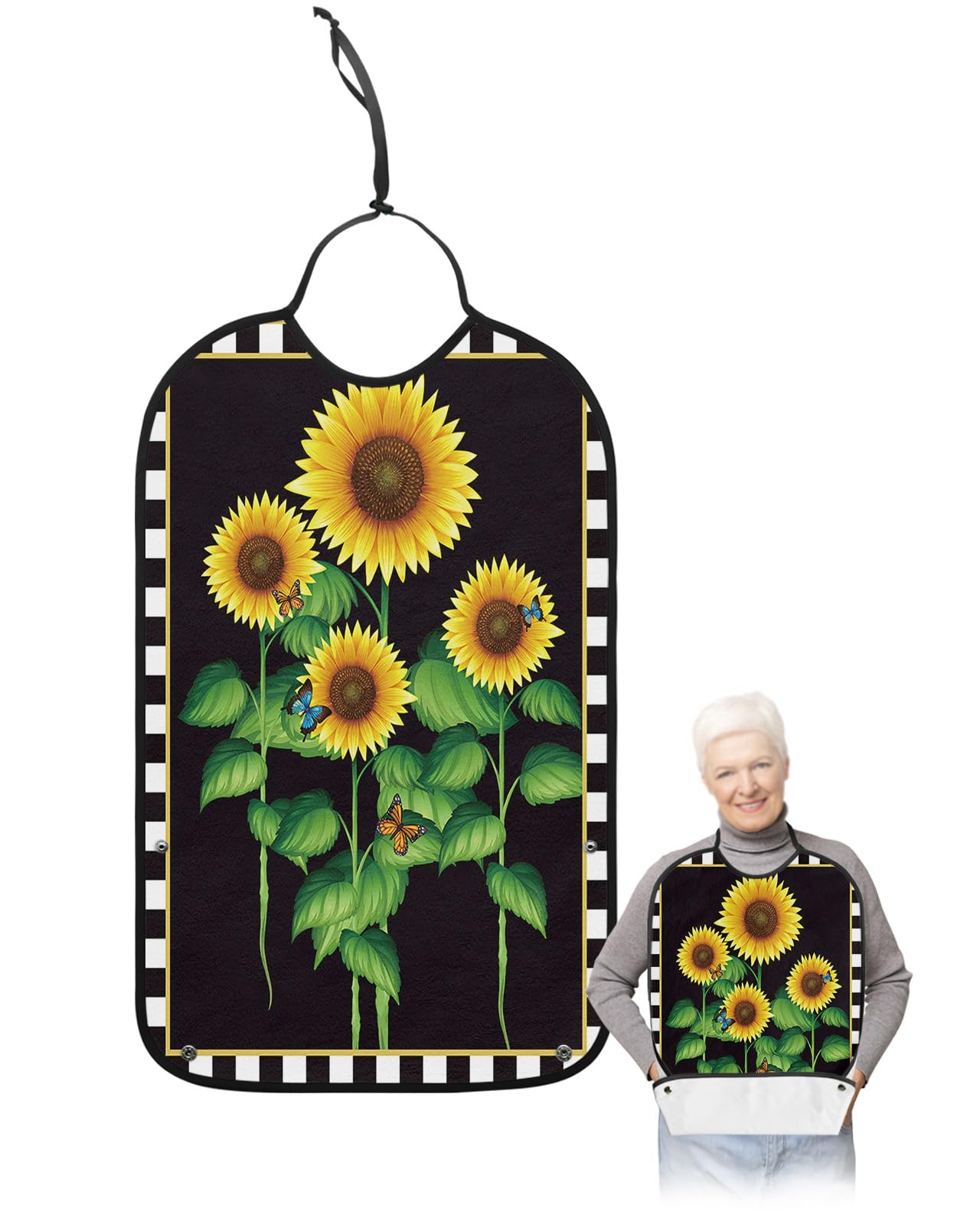Sunflower Adult Bibs for Eating, Waterproof Bibs with Food Catcher & Adjustable Snap Closure, Black White Plaid Spring Floral Butterfly Yellow Lace Clothing Protectors Adult Bibs for Elderly Women/Men