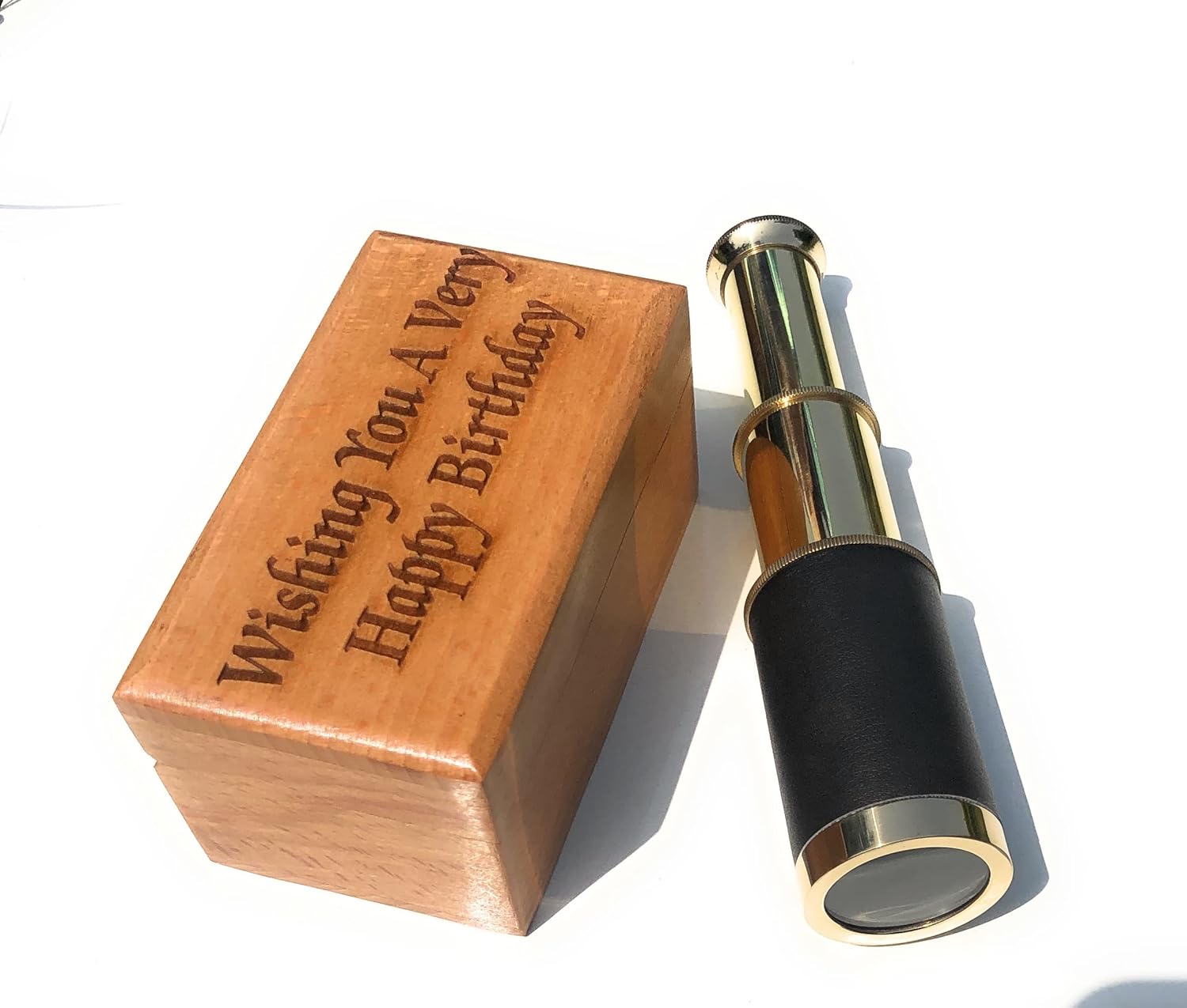 Brass Vintage Spyglass Telescope Pirate Captain Boat Telescope w/Happy Birthday Engraved Wooden Box Navigation Maritime Gifts for Nautical Décor