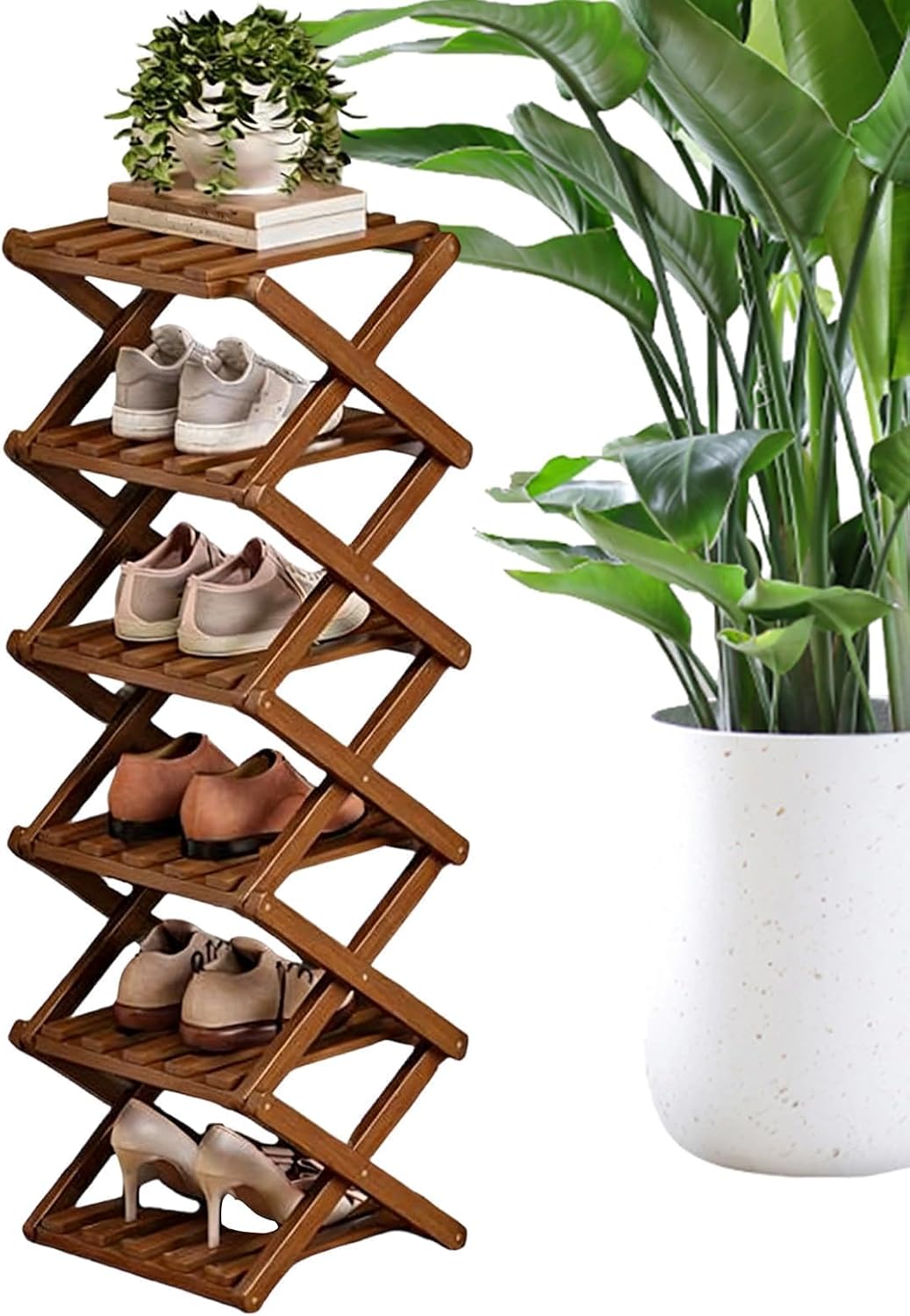 6Tier Foldable Corner Shoe Rack, SpaceSaving Organizer for Entryway Hallway Closet Living Room & Bedroo（Brown）