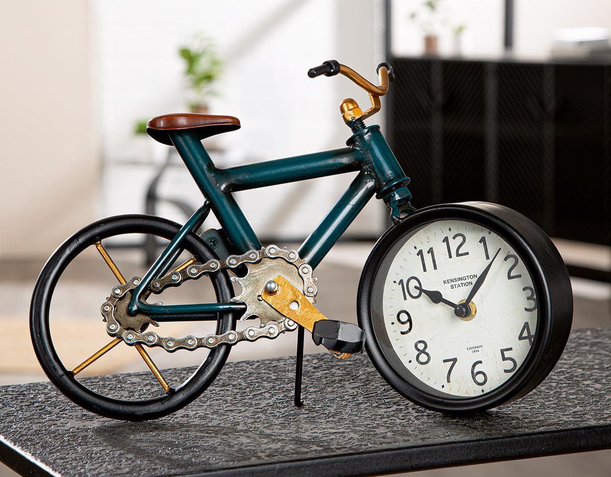 GILDE Orologio da tavolo in metallo, a forma di bicicletta, finitura anticata, blu scuro, altezza 24 cm x larghezza 34 cm