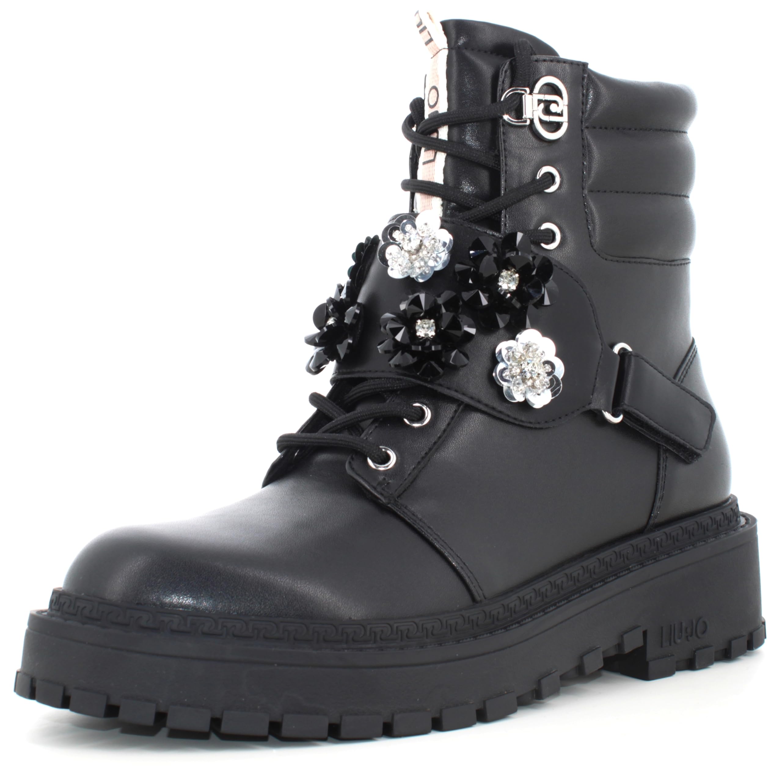 Liu Jo Botas Militares con Flores de Cristal, Negro, Cuero, Suela de Goma, Estilo Combat (Negro, Mediano, Sistema tallas calzado EU, Adulto, Números, mediano, 39)