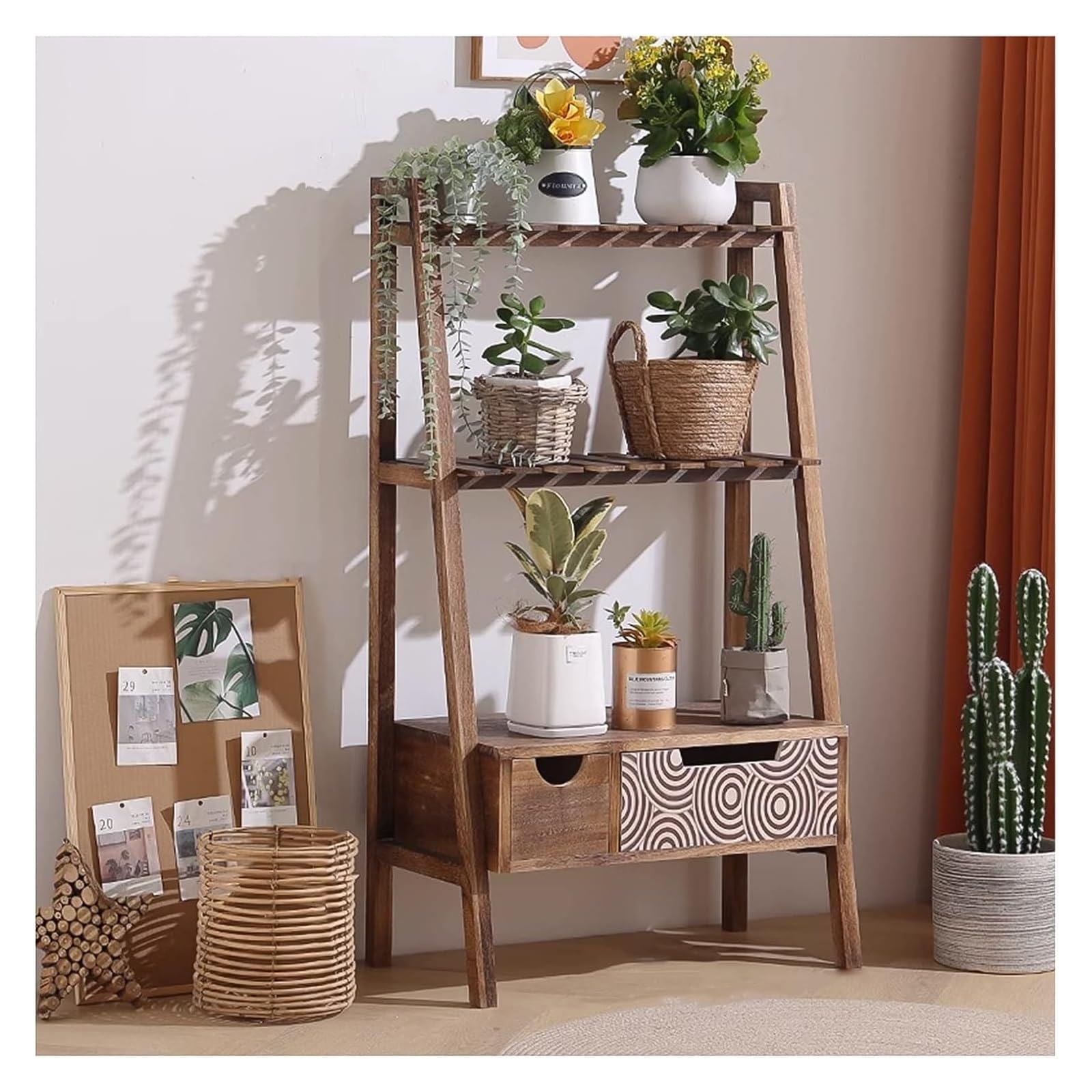 Support pour plantes en bois massif au design épuré à trois niveaux