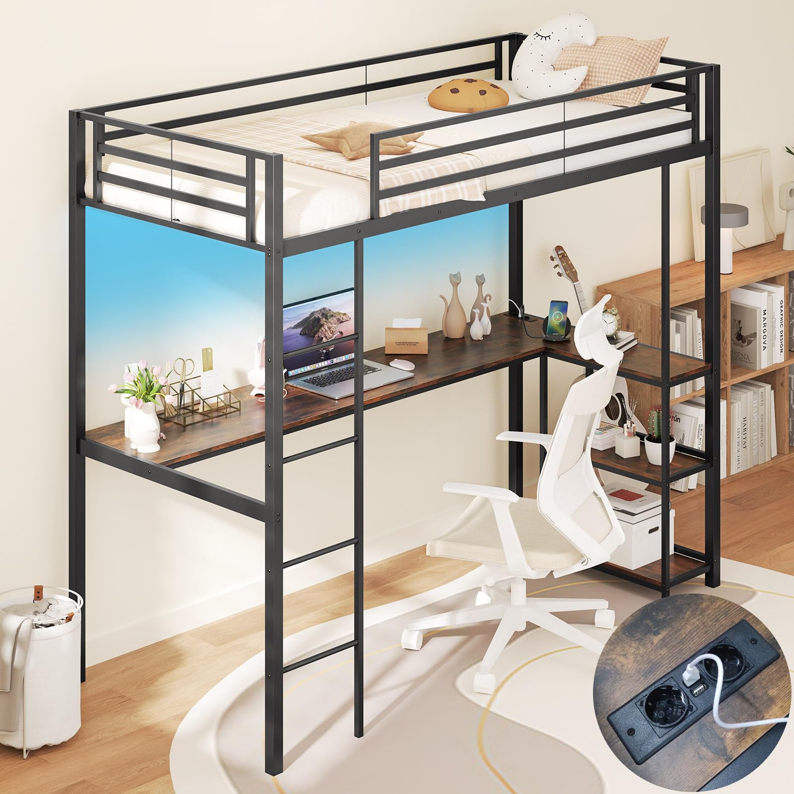 GOPLUS Łóżko piętrowe 90 x 200 cm z biurkiem, łóżko piętrowe z oświetleniem LED i funkcją ładowania, łóżko piętrowe dla dzieci z półkami i zabezpieczeniem przed wypadnięciem, łóżko dziecięce, łóżko
