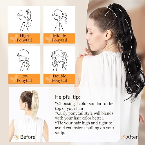 Miniatura 6 de Extensiones de cabello humano con clip DOORES color negro natural, 18 pulgadas, 2.82oz, extensiones de cabello real de cola de caballo con clip,