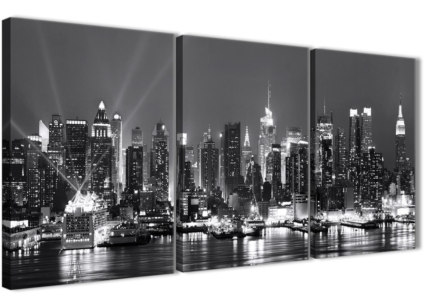 Wallfillers 3 Panel Landscape Canvas Wall Art New York Hudson River Skyline - 3435 Black White Grey 126cm Set of Prints