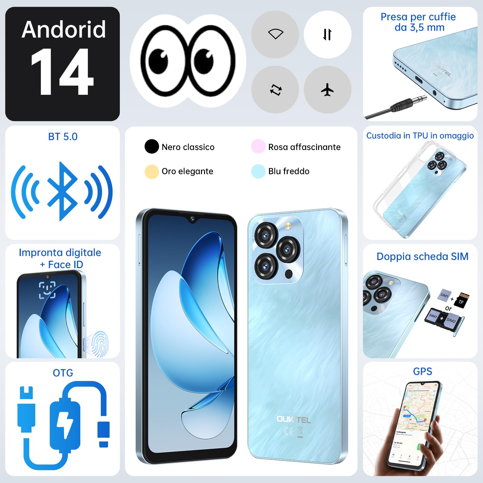 OUKITEL C3 Telefono Cellulare-16 GB + 256 GB / 1 TB, Display Waterdrop HD + da 6,5", Batteria da 5000 mAh, Telefono Android, Doppia SIM 4G Gratuita Sbloccata, Impronta Digitale-Rosa