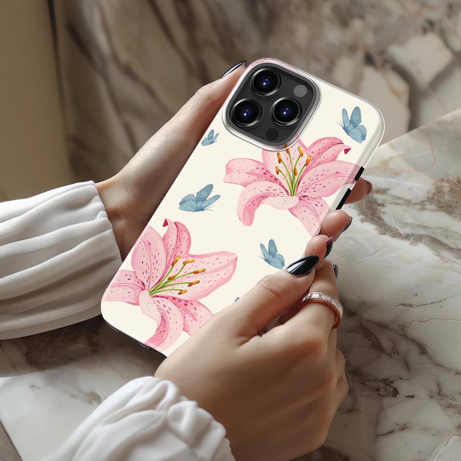 MERRO for iPhone 16 Pro Case - Wireless Charging Compatible - Dual-Layer Hard Shell & Silicone Cover - Protective Phone Case with Cute Wildflower Designs for Women - Lily Blossom - Image 2