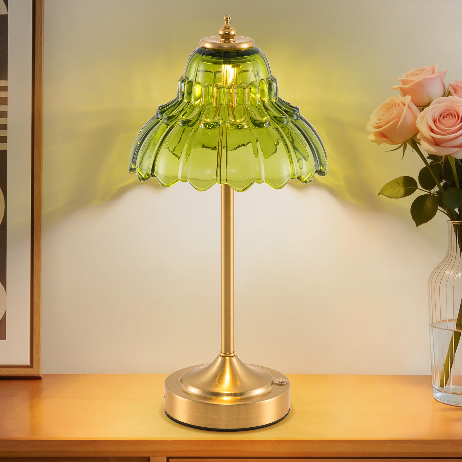 EIDEARAY Rechargeable Table Lamp, Battery Operated Table Lamp, Cordless LED Green Glass Morning Glory Shape Lamps with Dimmable, Decorative Touch Lamps for Living Room โ image 1