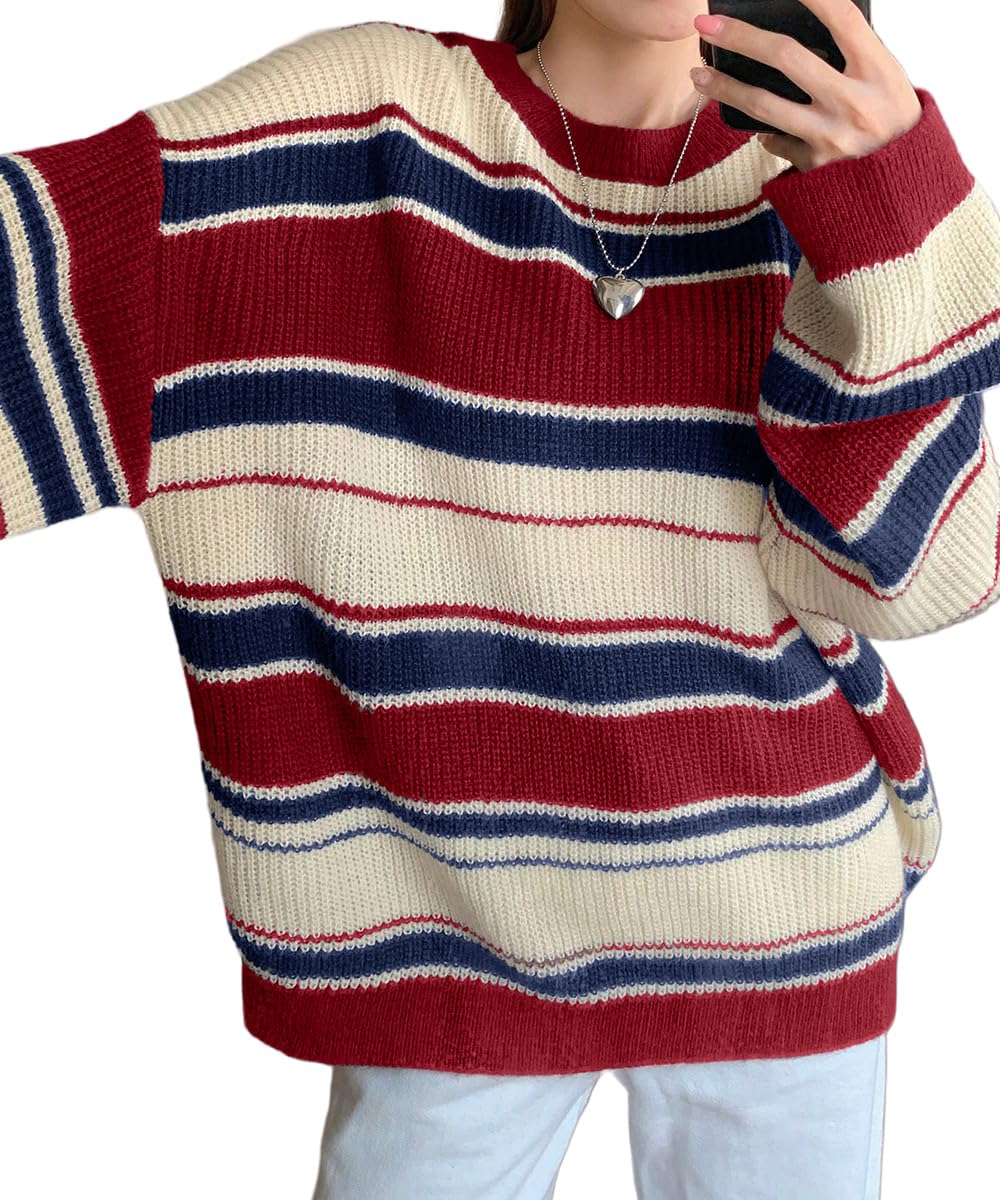 SKAYS Womens Contrast Striped Sweater Fashion Retro Round Neck Loose Knitted Long Sleeve Top