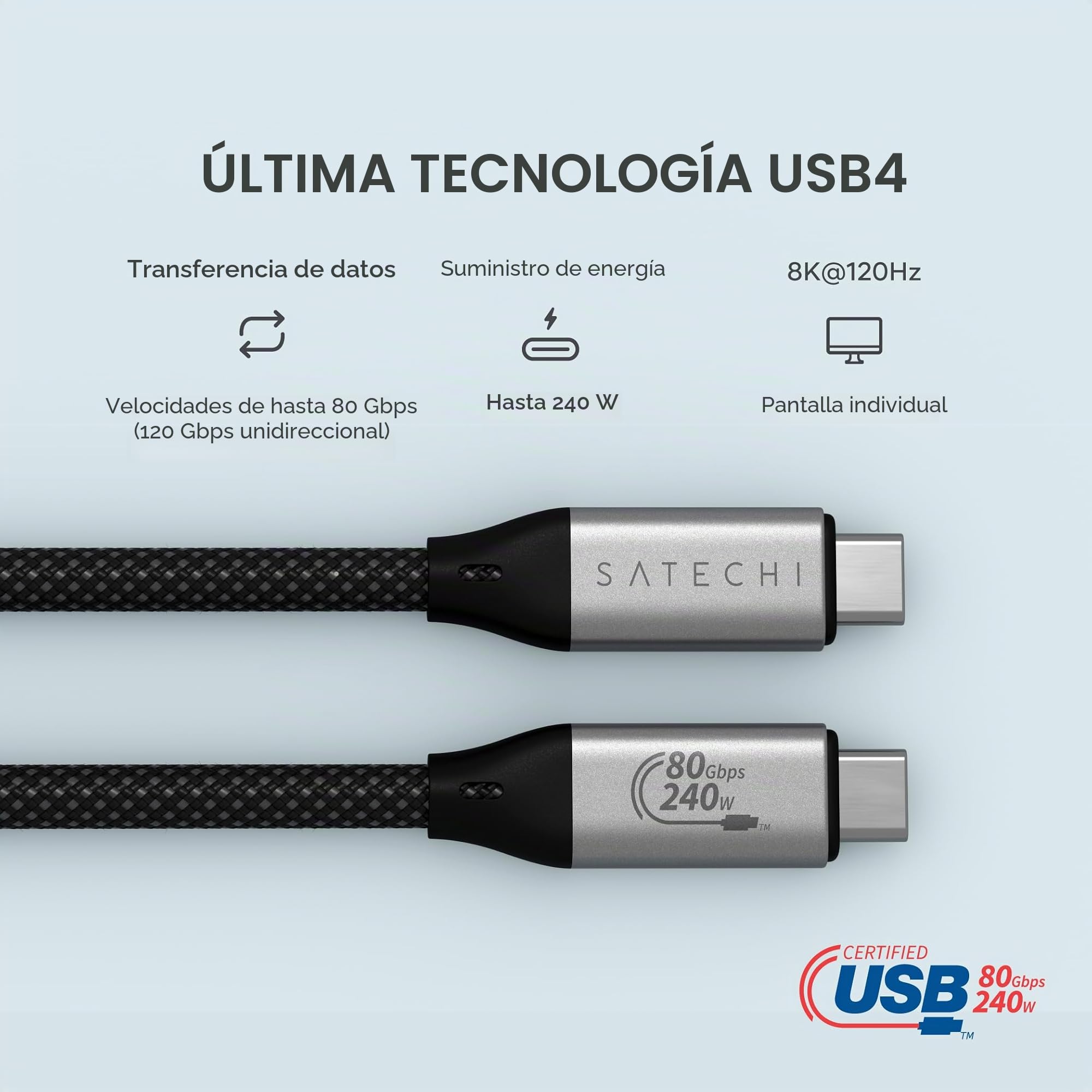 SATECHI Cable USB4 V2 Pro de Carga Rápida PD 240 W con Longitud de 1,2 m, Datos 120 Gbps, USB-C a USB-C, Resolución 8K@60Hz - 4K@120Hz, Thunderbolt 5/4/3 para MacBook Air/Pro/Neo y más