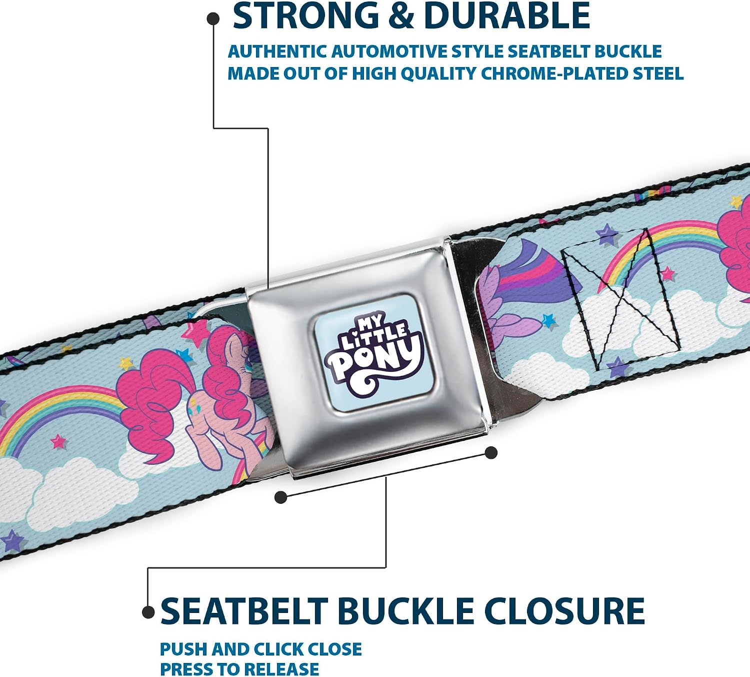 Hasbro Belt, Seatbelt Buckle Belt, My Little Pony Title Logo Full Color Sky Blue, Adjustable