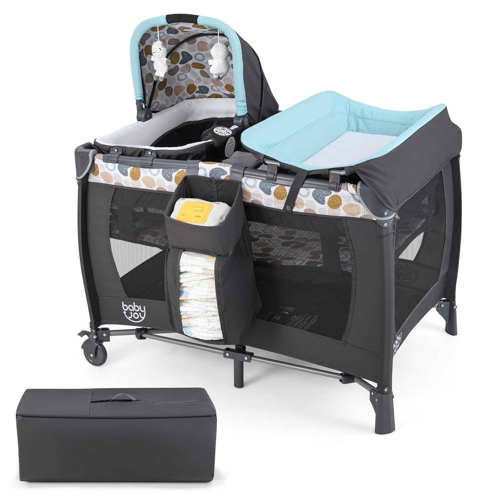 COSTWAY 5 in 1 Culla Campeggio Bambini, Lettino Viaggio Neonati Pieghevole con Materasso, Fasciatoio, Box Portatile con Ruote, 2 Giocattoli e Carillon, per Bambini 0-3 Anni (Blu)