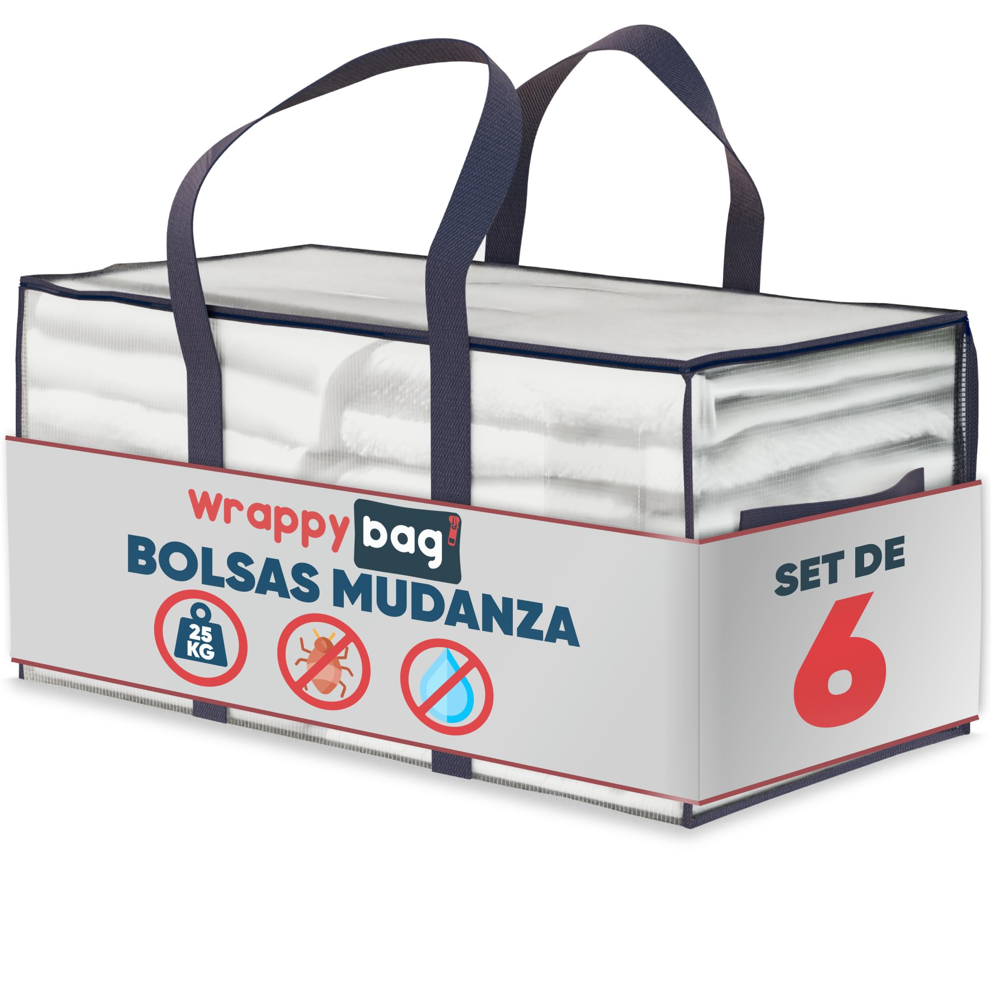 WRAPPYBAG – Set de 6 Bolsas de Mudanza y Viaje Grandes, Resistentes, Reutilizables, Tupidas, XXL y Antihumedad – Asas Reforzadas – Bolsas Almacenaje Ropa y Ropa de Cama – 75 x 36 x 38 cm