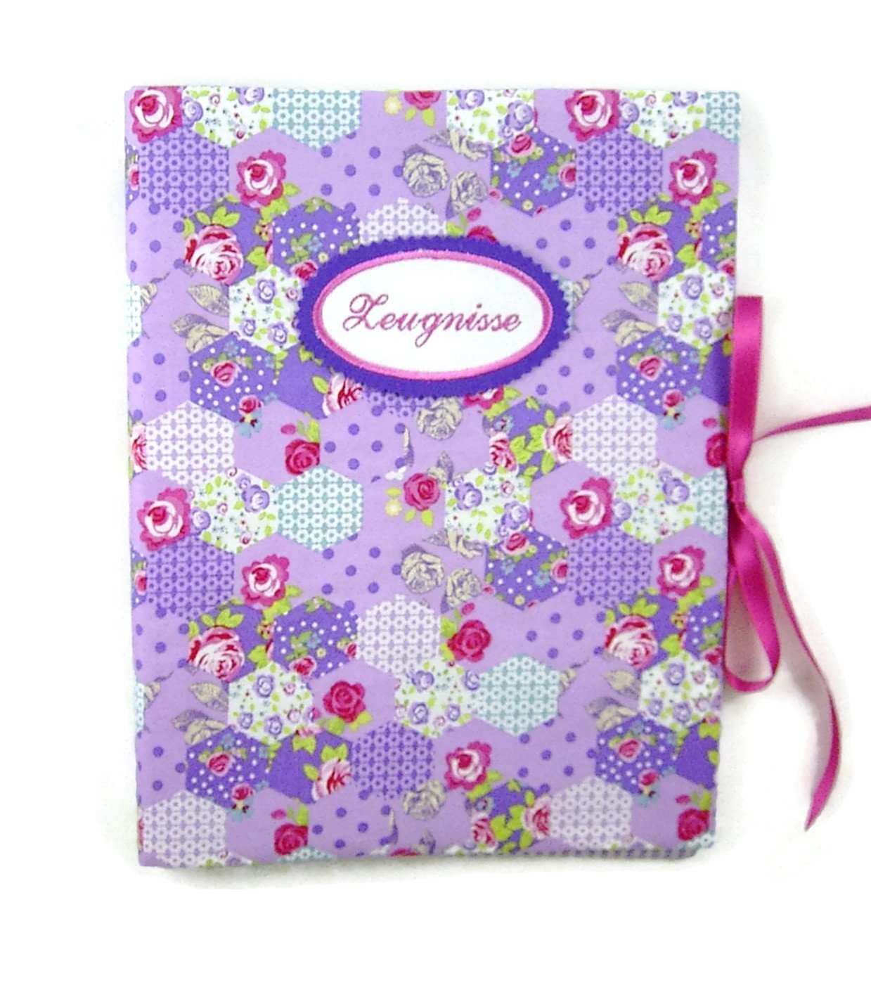 bettina bruder - Zeugnismappe DIN A4 - innen 30 Sichthüllen - Patchwork Blumen lila pink - innen Vichykaro