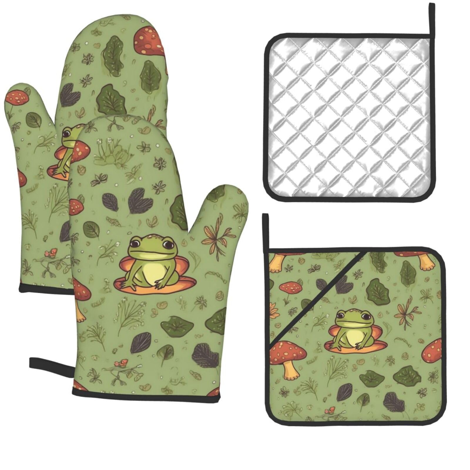 4 Pcs Oven Mitts and Pot Holders Set Kitchen Oven Gloves Heat Resistant Potholders Non-Slip Hot Pads Frogs and Mushrooms Oven Mits for Cooking Baking Grilling