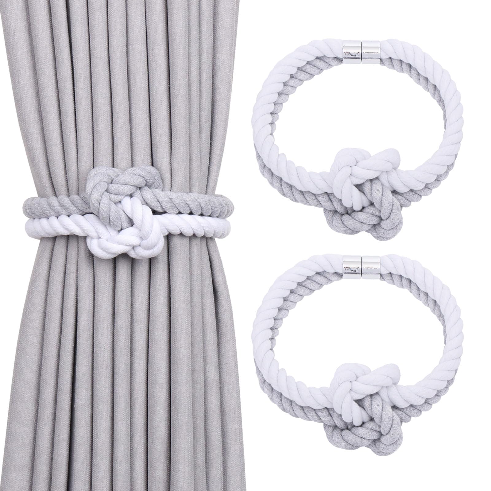 Pretty Jolly 2 Pack Natural Cotton Rope Magnetic Curtain Tiebacks Elegant Knot Decor Drape Tie Backs Boho Soft Hand Weave Rope Curtain Holdbacks for Home & Office Window Drapery (Light Grey & White)