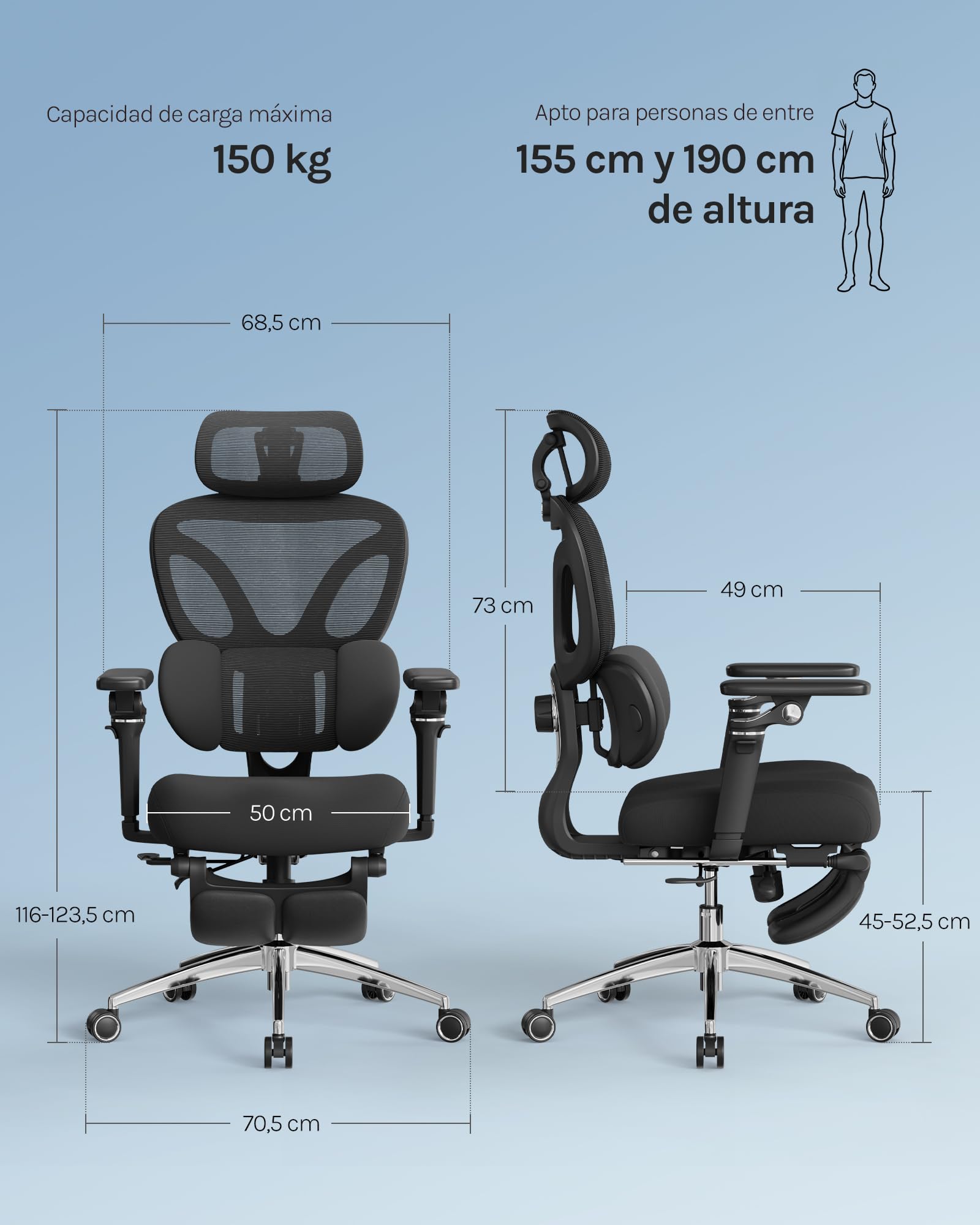 WOLTU Silla de Oficina Ergonómica, Silla Escritorio de Trabajo, Negro | Respaldo Inclinable y Reposapiés, Soporte Lumbar, Reposacabezas 3D, Reposabrazos 6D, en Estudio u Oficina