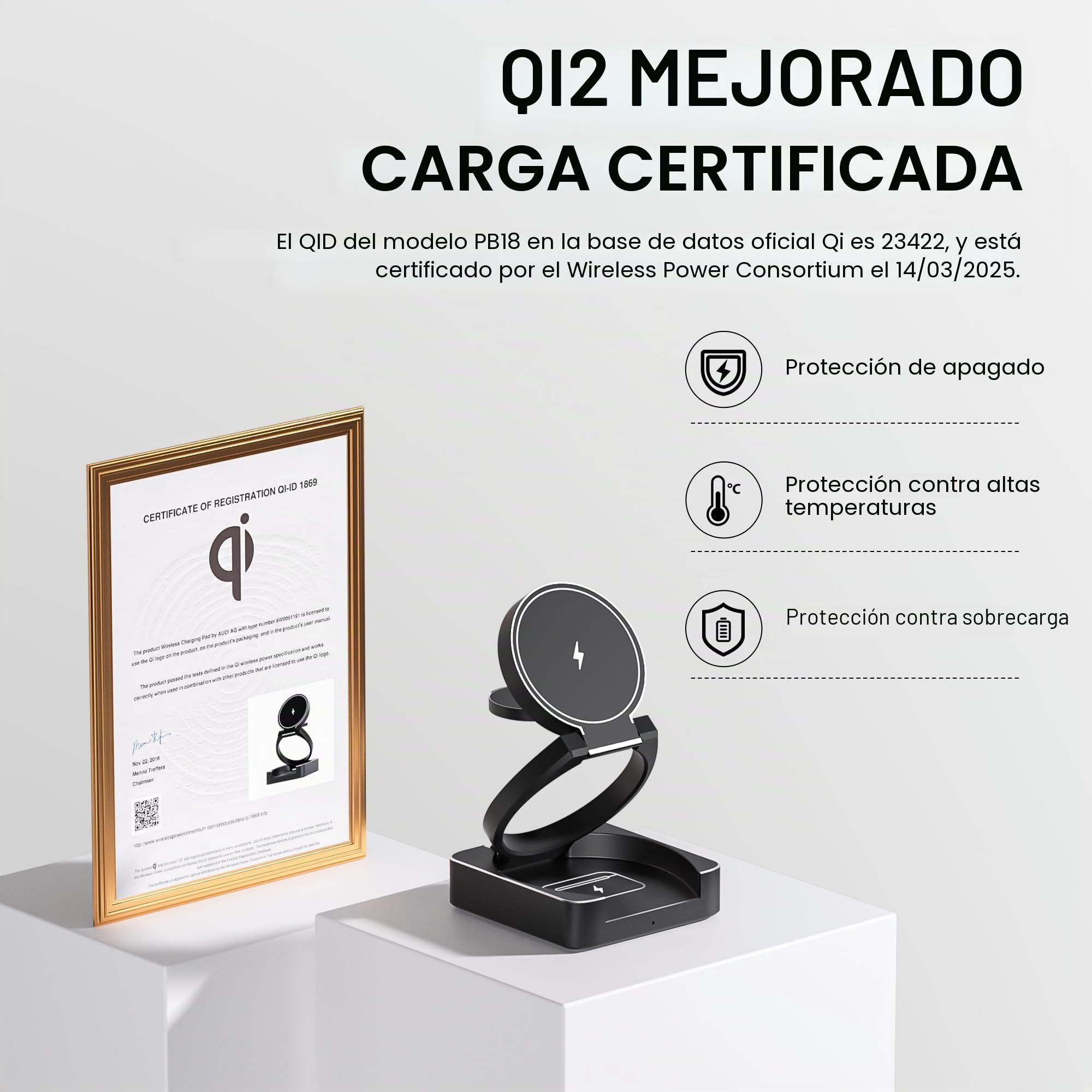 Qi2 Cargador Inalambrico para iPhone, QI2 Cargador Inalámbrica de 15 W, Cargador Inalámbrico Plegable para iPhone 15 Pro MAX 14 13 12, Apple Watch S10 9 8 7 6, Airpods 4 3 Pro2 [con 27W Adapter]