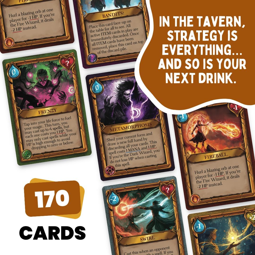 Do or Drink Wizards Tavern Strategy Drinking Card Game for Adults 21+ – Chaotic Fantasy Party Game with Spells, Dice & Coasters | 2–8 Players, 170 Cards, Fun Party D&D Themed Game for Hangouts