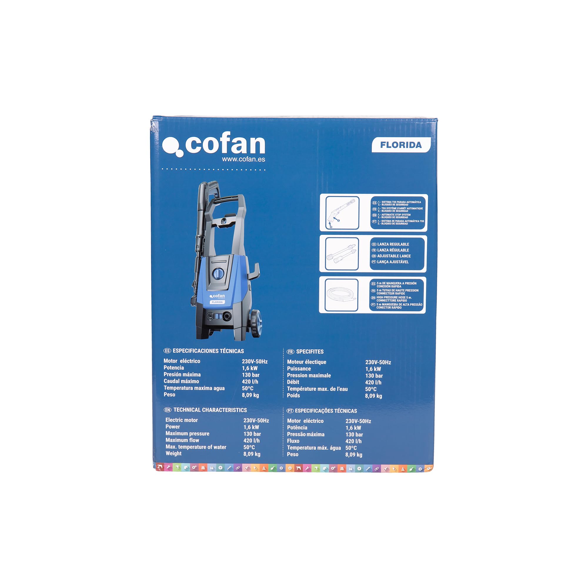 Cofan Limpiadora de Alta presión | 1600 W | Caudal máximo 420 l/h | Presión máxima 130 Bares | Manguera de 5 Metros | Lanza Regulable