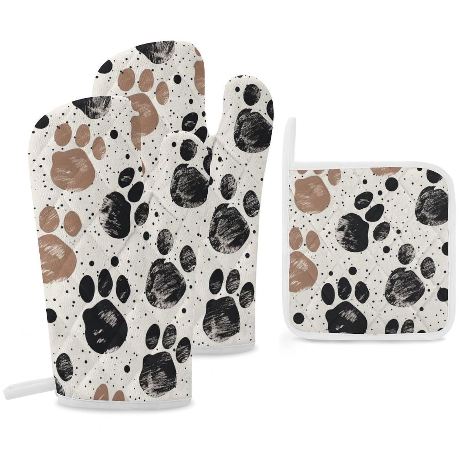 Oven Mitts and Pot Holders Set of 3 Heat Resistant Non-Slip Kitchen Gloves Hot Pads Dog Paw Mittens Gloves Non-Slip Potholders for Cooking Baking Grilling BBQ