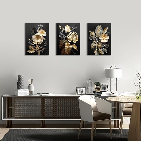 3 Panels Wooden Framed 3D Black Gold Flowers Canvas Wall Art Tropical Monstera Coconut Leaves Painting on Canvas Prints Pictures for Living Room Bedroom Home Wall Decoration 90x40cm(12"x16"x3pcs) - 3