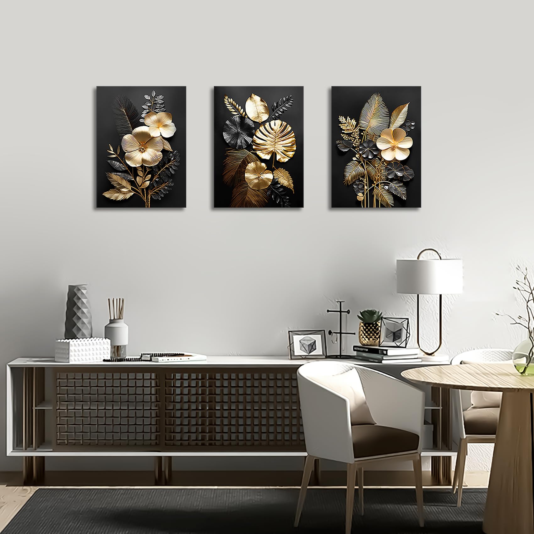 3 Panels Wooden Framed 3D Black Gold Flowers Canvas Wall Art Tropical Monstera Coconut Leaves Painting on Canvas Prints Pictures for Living Room Bedroom Home Wall Decoration 90x40cm(12"x16"x3pcs) — view 3