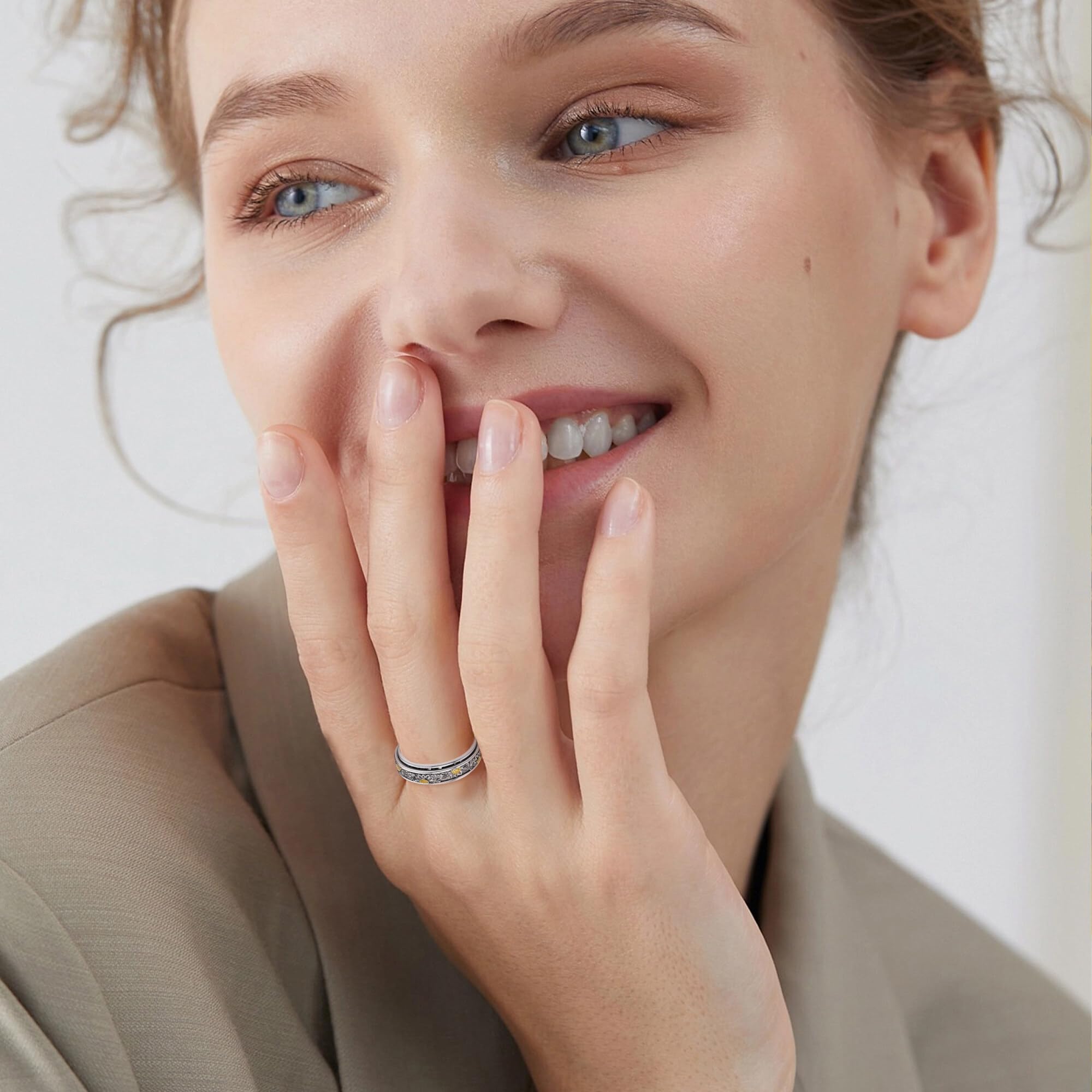 Anillo giratorio de girasol de plata de ley con flores para aliviar el estrés para mujeres, regalo para mujeres